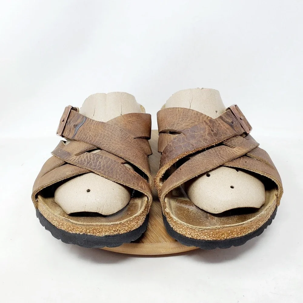 Birkenstock Lugano Sandals 44 Mens 11 Tobacco Oiled Leather Straps Shoes